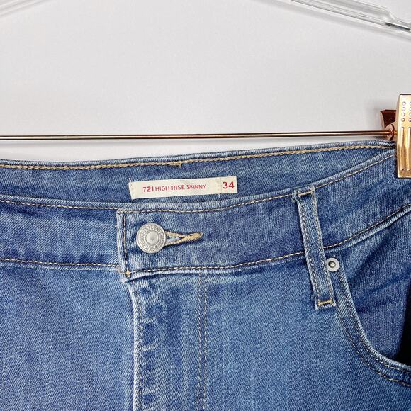 Levis Womens 34 Medium Wash 721 High Rise Skinny Jeans Raw Fray Hem Blue Cotton - Picture 7 of 13